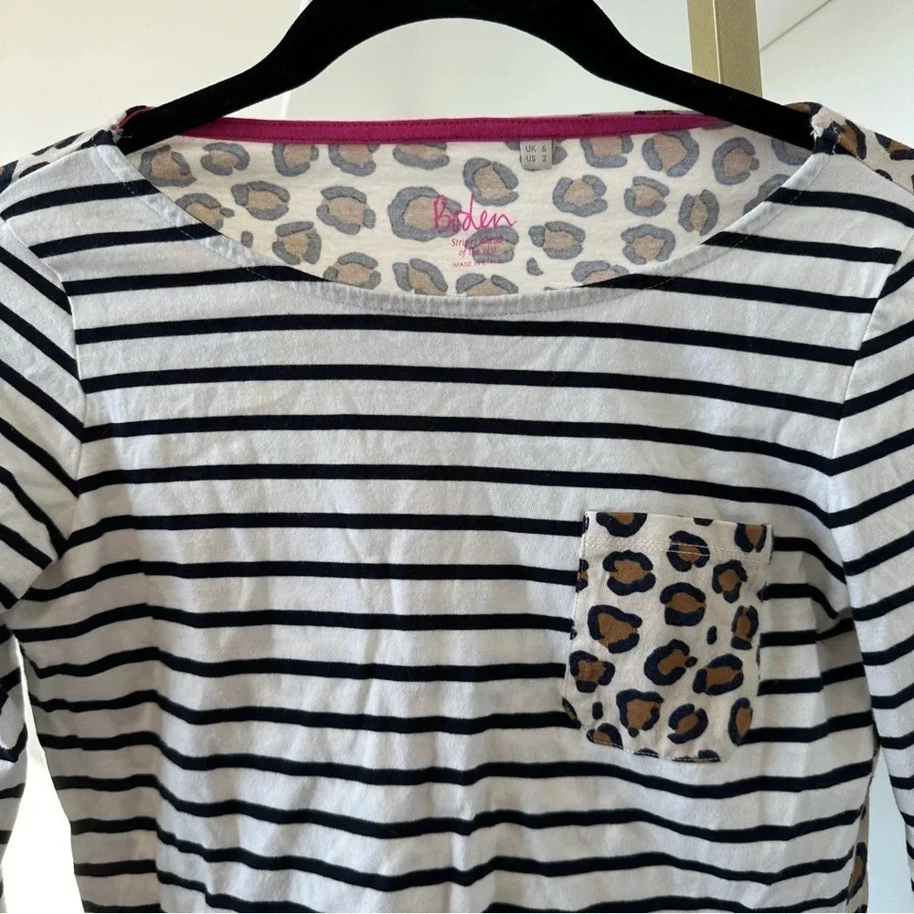Boden Breton Stripe Leopard Print Pocket Long Sleeve Tee Size 2 - Picture 4 of 10